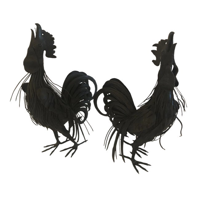 Hand Forged Iron Rooster Sculptures -A Pair For Sale