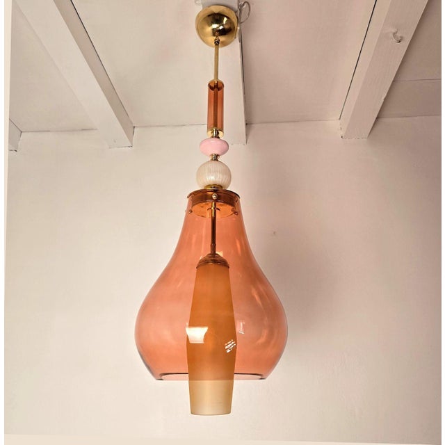 1990s Pink and Amber Murano Glass Pendant Lights - Pair For Sale - Image 4 of 13
