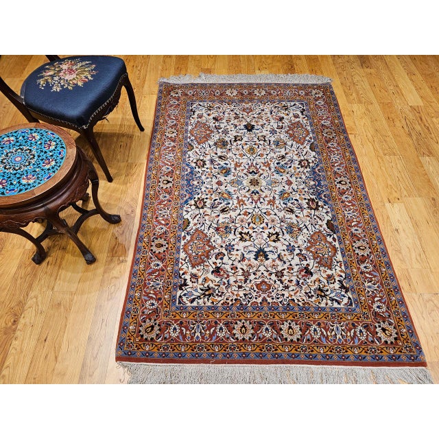 Vintage Persian Isfahan Rug, Hand-Knotted Wool & Silk, Allover Floral Pattern, Ivory & Brick-Red, 4x6 For Sale - Image 9 of 18