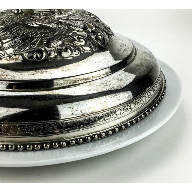 Silver Plate Heavy Elephant Lid With White Porcelain Serving Dish For Sale - Image 4 of 13