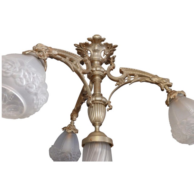 19th Century French Medieval Gothic Revival Bronze Four-Light Chandelier with Frosted Glass with Gryphons Gargoyles Dragons, 1890s For Sale - Image 4 of 13