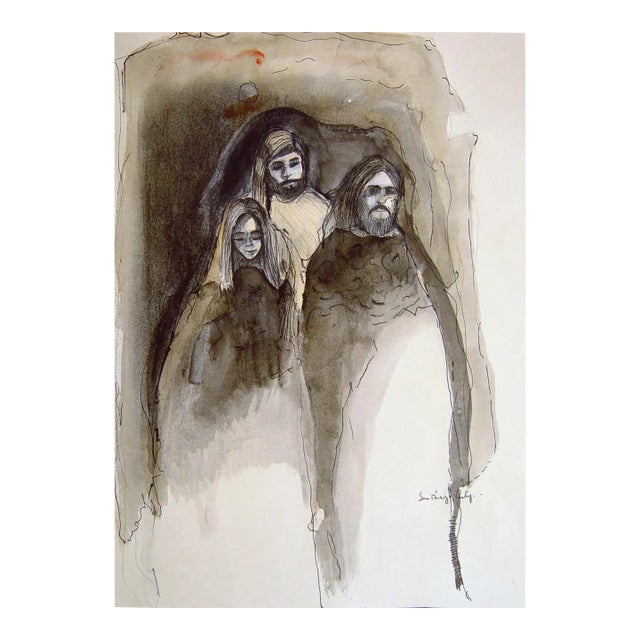 Mid 20th Century Figural Group in Grisaille Watercolor Painting For Sale