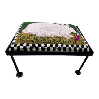 1980s Bunny Rabbit Needlepoint MacKenzie Childs Style Footstool For Sale
