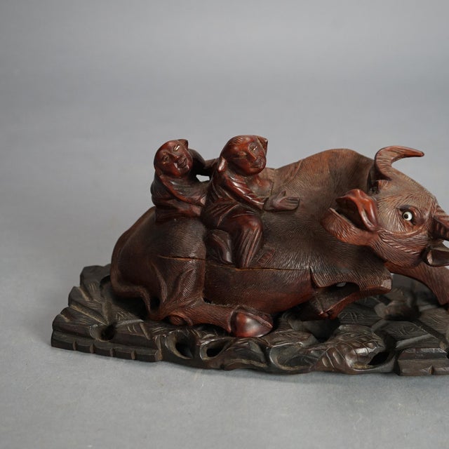 Antique Chinese Carved Wood Sculpture of Water Buffalo with Figures, Circa 1920 For Sale - Image 4 of 10