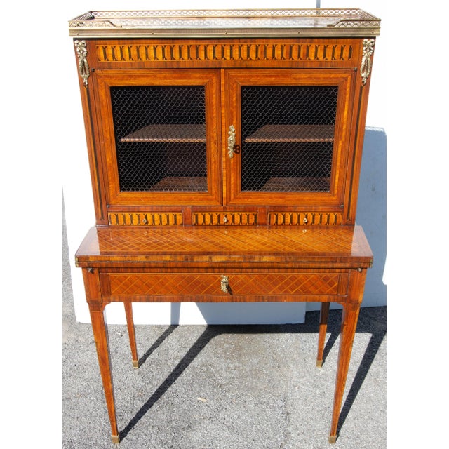 French Antique French Louis XVI Desk Cabinet Fine Kingwood Parquetry For Sale - Image 3 of 9