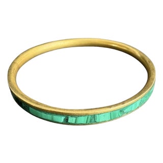 Vintage Malachite Inlay Bangle Bracelet Brass Gold Tone Thin For Sale