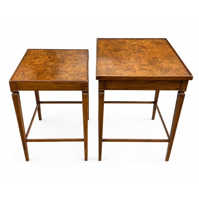Mid 20th Century Pair of Baker Furniture Burl Wood Nesting Tables With Gallery Tray Tops For Sale - Image 5 of 11