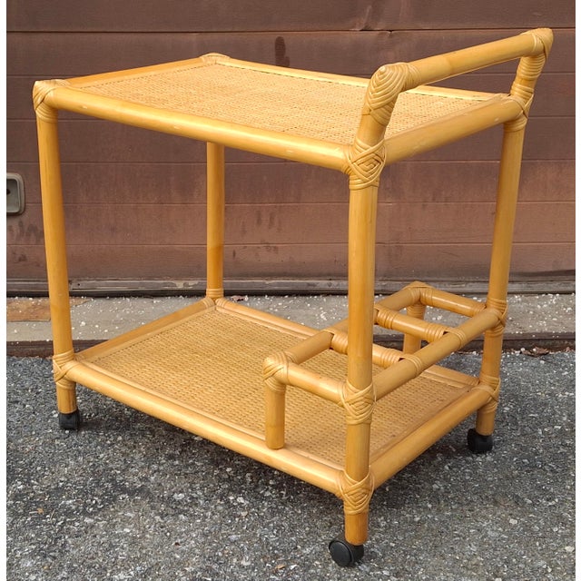 Late 20th Century Rattan and Cane Rolling Bar Cart For Sale In Washington DC - Image 6 of 10