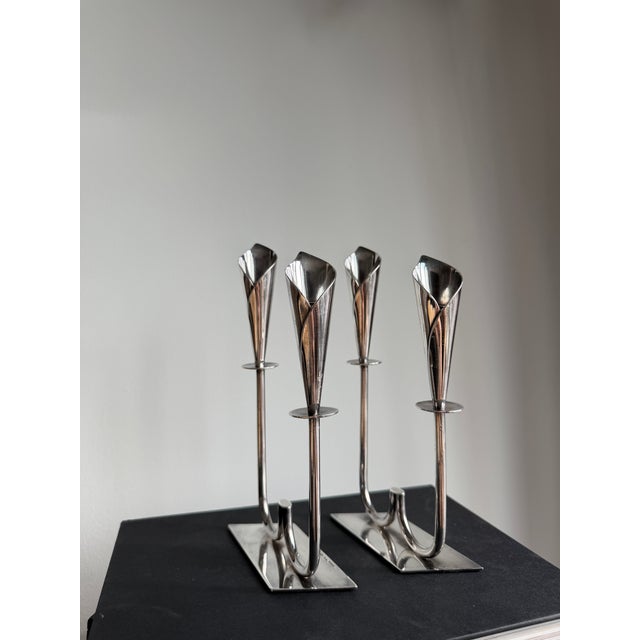 Hans Jensen Calla Lily Double Candlesticks Pair in Silver Plated, 1960s For Sale - Image 4 of 6