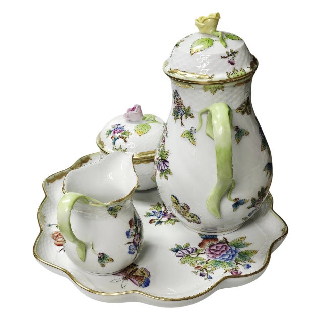 Vintage Herend Queen Victoria Vbo Hand-Painted Porcelain Tea & Coffee Service - Set of 4 For Sale In Los Angeles - Image 6 of 18