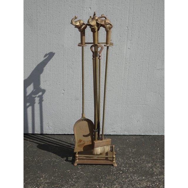 1970s Vintage French Country Brass Firplace Tools With Elephant Head Handles For Sale - Image 5 of 12