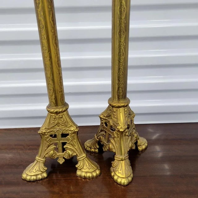 Early 20th Century 24'' Tall Antique Gold Gilt Brass Church Candlestick Holders - a Pair For Sale - Image 5 of 7