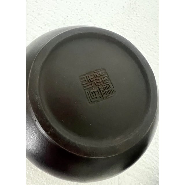 Coffee Mid 20th Century Lucky Peach Yixing Zisha Chinese Unglazed Red Leaf Tea Pot With Twig Handle on Carved Wood Stand For Sale - Image 8 of 10