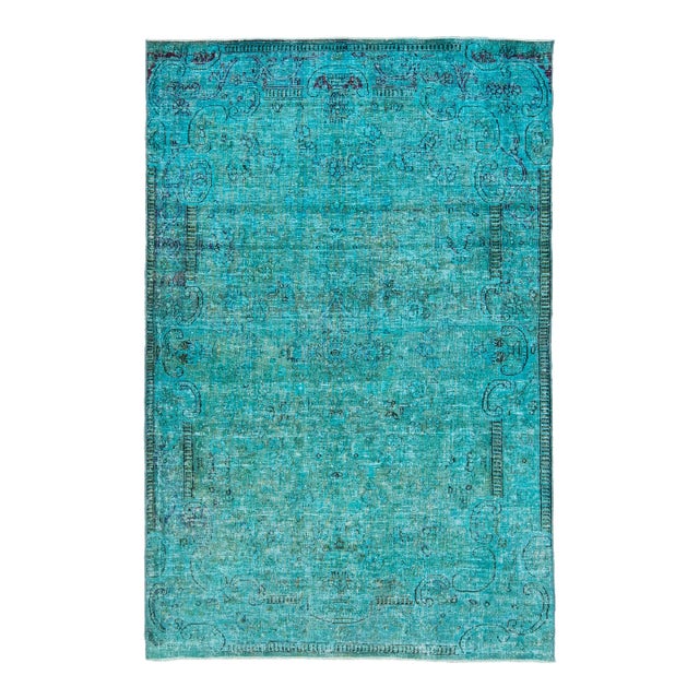 Handmade Turquoise Persian Overdyed Wool Rug With Allover Pattern 4 X 6 For Sale
