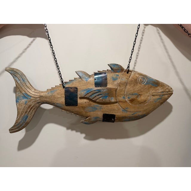 Rustic Massive Hand-Carved Rustic Wooden Fish Sculpture With Iron Accents For Sale - Image 3 of 8
