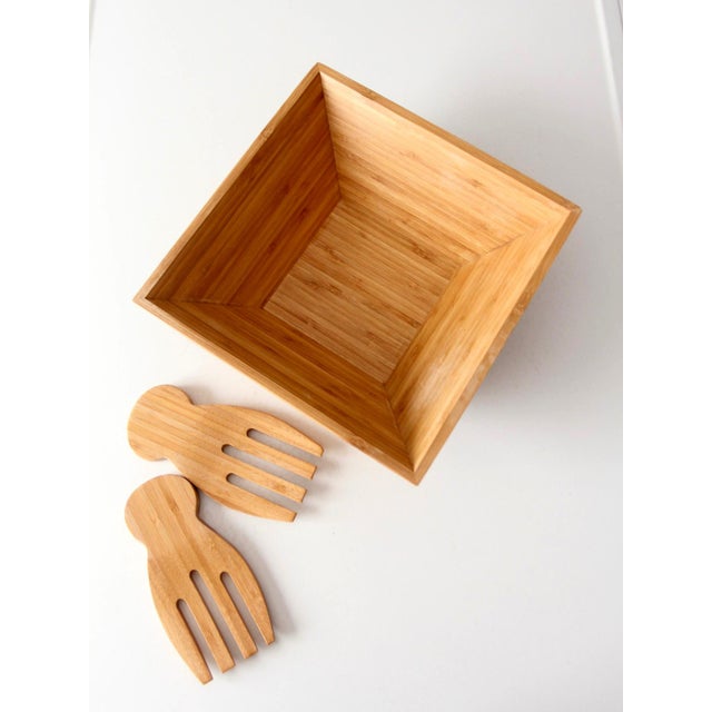Vintage Bamboo Salad Serving Bowl With Hand Shaped Serving Utensils For Sale - Image 17 of 18