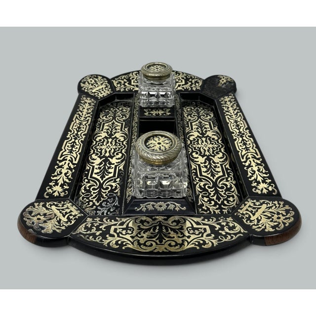 Antique Grand Tour Mahogany Boulle Work Brass Inlaid Desk Set Inkstand Regency For Sale - Image 4 of 10