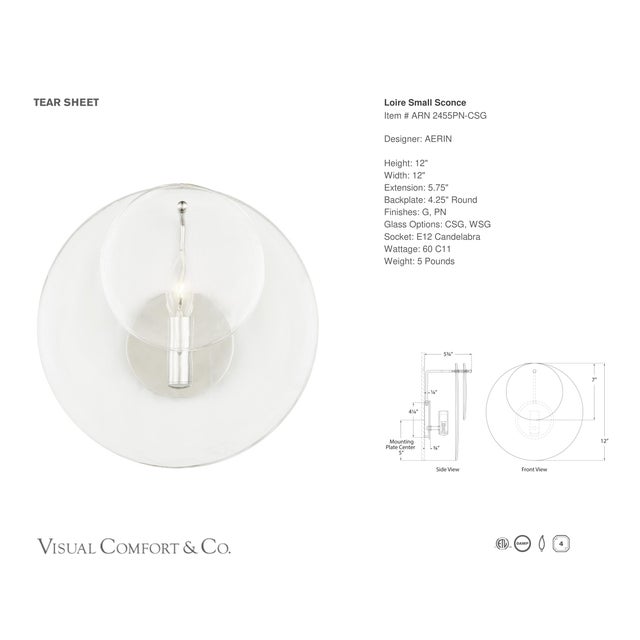 Transitional AERIN for Visual Comfort Signature Loire Small Sconce in Polished Nickel with Clear Strie Glass For Sale - Image 3 of 5