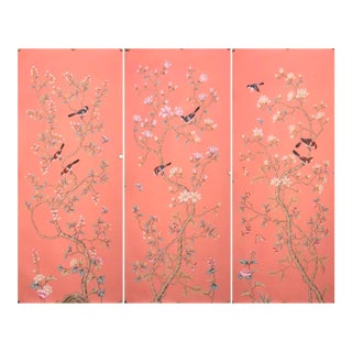 Hand-Painted Coral Chinoiserie Wallpaper Panels – Floral Bird Mural, Luxury Statement Wall Art, 3 Panels 31x78” For Sale