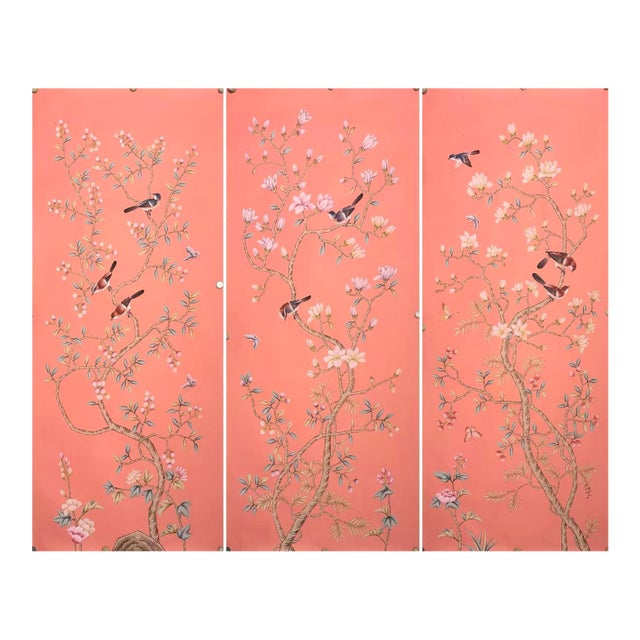 Hand-Painted Coral Chinoiserie Wallpaper Panels – Floral Bird Mural, Luxury Statement Wall Art, 3 Panels 31x78” For Sale