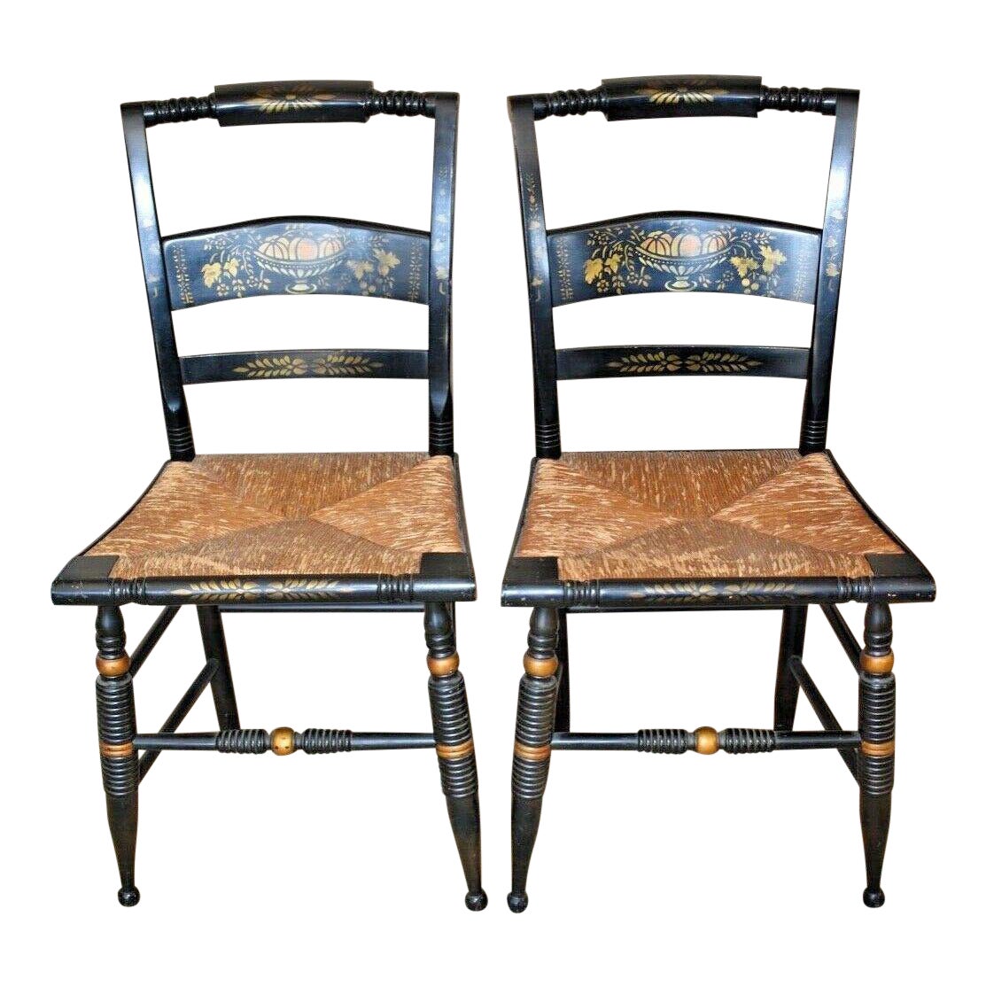 Black Nichols and Stone Hitchcock Style Stenciled Rush Seat Chairs A