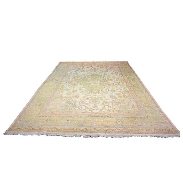 1920s Antique Turkish Oushak Wool 10x13 Olive, Ivory, & Pink Handmade Area Rug #1144268 For Sale - Image 5 of 15