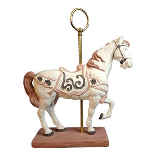Vintage 1983 Austin Sculpture Carousel Horse Durastone Statue Brass Pole Ring Base 15" For Sale