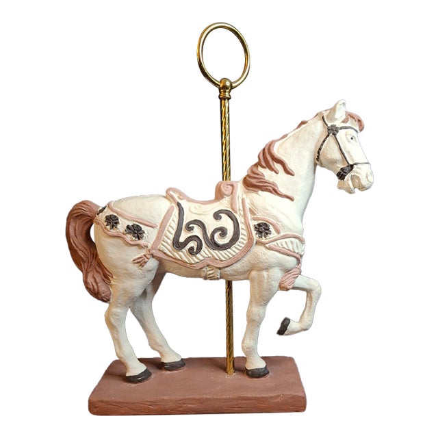 Vintage 1983 Austin Sculpture Carousel Horse Durastone Statue Brass Pole Ring Base 15" For Sale