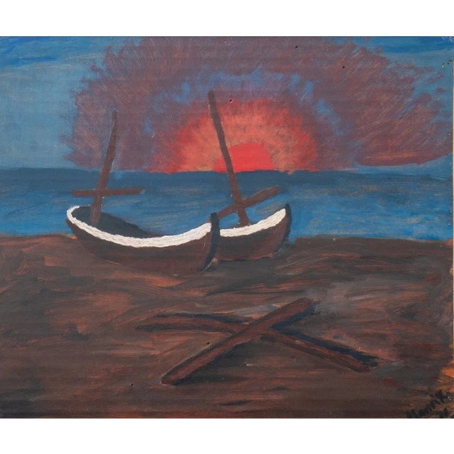 20th Century School, Boats at Sunset, Acrylic on Cardboard, 1971, depicting two boats ashore with setting red sun, signed...
