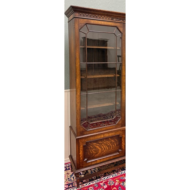 1930s Antique English Jacobean Bookcase Cabinet Double Door Wavy Glass Tiger Oak 1930s For Sale - Image 5 of 18