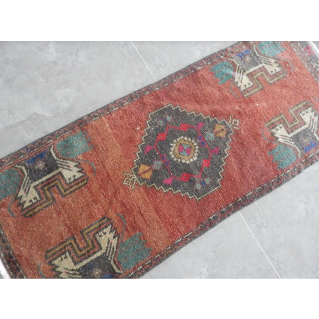 Kurdish Small Rug Distressed Low Pile Yastik Runner Faded Colors Rug 1′7″ × 3′11″ For Sale - Image 4 of 9