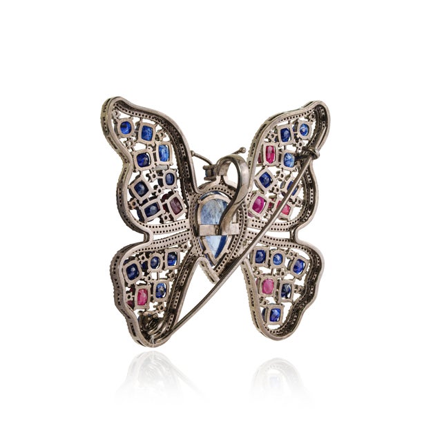 Boho Chic 10Ct Multi Gem & Diamond Butterfly Statement Brooch Pin Pendant in 925 Silver For Sale - Image 6 of 15