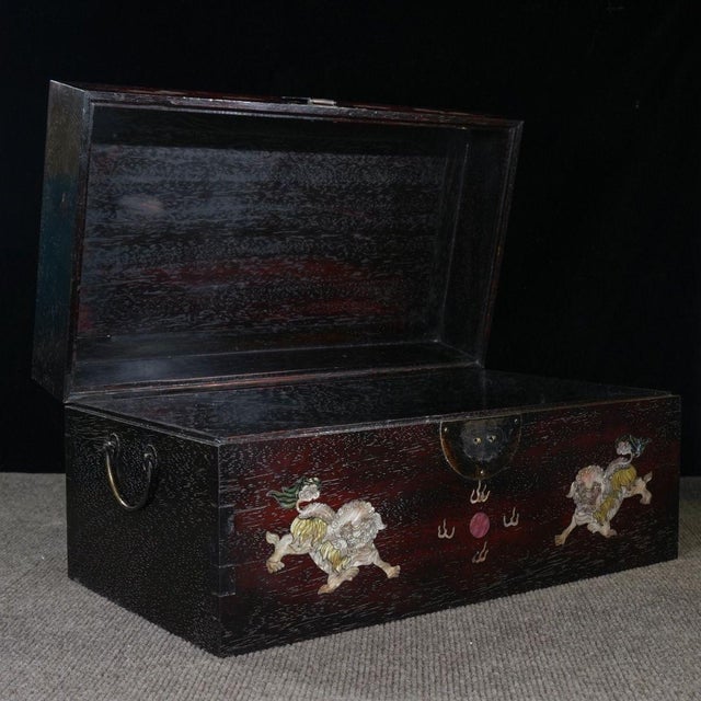 Zitan Wood Box Inlaid With Mother-of-Pearl Lion Motif For Sale - Image 4 of 9