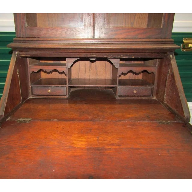 Brown 1930s Vintage French Secretary Glass Front Two Drawer Desk Bookcase Cabinet Fall Front For Sale - Image 8 of 11