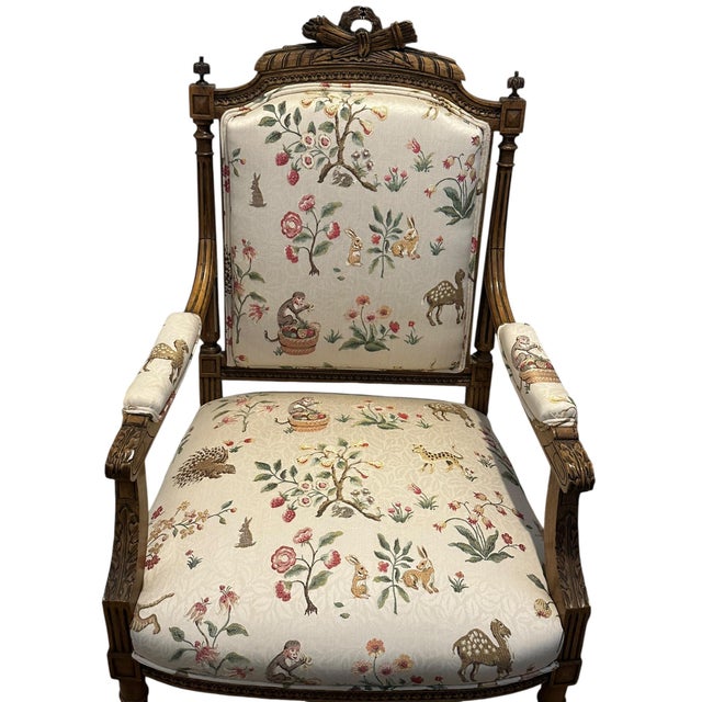 Stunning Pair of Louis XVI Fluted Chairs With Custom Tracers & Co. Cluny Lampis Brocade Upholstery For Sale - Image 9 of 16