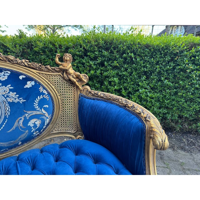 1940 French Louis XVI Gold Beech Blue Velvet Settee For Sale - Image 16 of 18