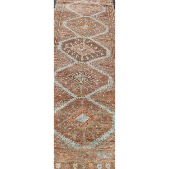 Tribal Colorful Turkish Kars Runner in Softer Tones With Tribal and Geometric Motifs 3'9 X 10'9 For Sale - Image 3 of 10