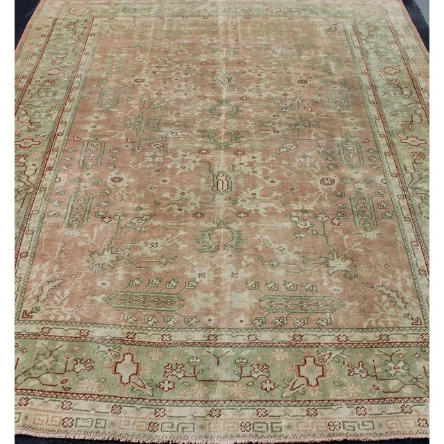 Classic All Over Design Antique Oushak Rug in Light Coral and Light Green For Sale In Atlanta - Image 6 of 12