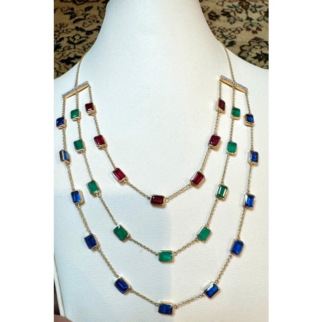 Contemporary Three Layer Necklace With Emerald , Ruby & Kyanite with Diamond Bar, 14 KYG 15Gm For Sale - Image 3 of 18