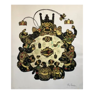 Ilya Shenker Post Soviet Avant Garde Russian Woodcut Print With Hand Watercolor Painting, c.1960s