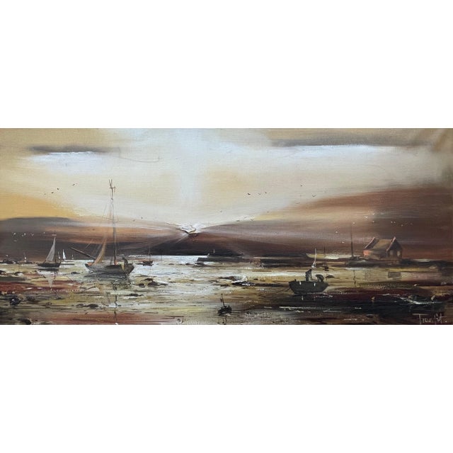 Textile Frank Fitzsimons, Golden Brown Ireland Seascape Landscape at Dusk by Contemporary Irish Artist, 1985 Circa For Sale - Image 7 of 10