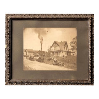 Antique Framed Portrait of Early Automobile With Horses For Sale