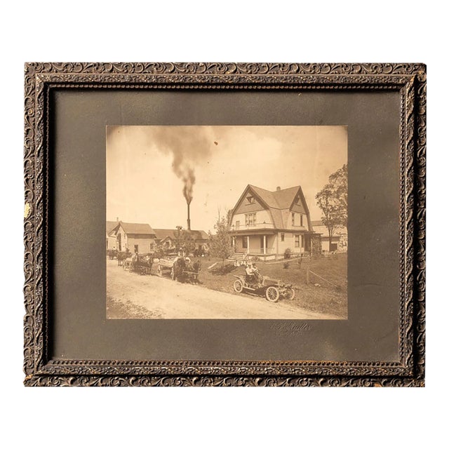 Antique Framed Portrait of Early Automobile With Horses For Sale