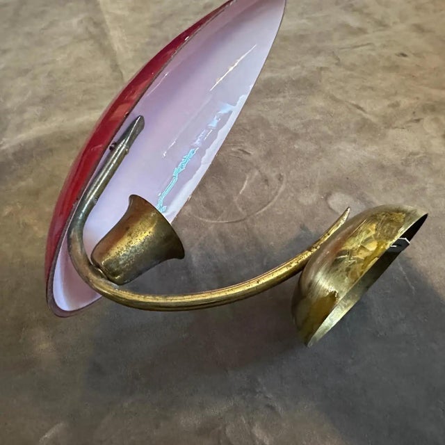 Two 1950s Mid-Century Modern Brass and Opaline Glass Italian Wall Sconces For Sale - Image 6 of 11