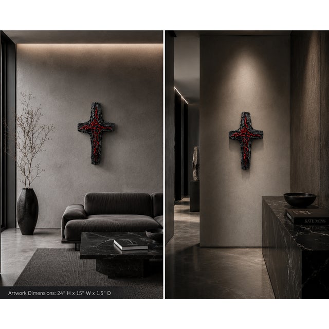 2020s One-of-a-Kind Sculptural Wall Cross in Midnight Blue Metallic Leather & Natural Red Coral For Sale - Image 5 of 5