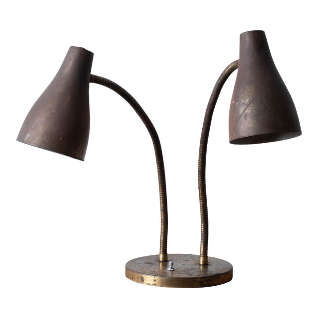 Double Gooseneck Brass Desk Lamp, c.1950 For Sale