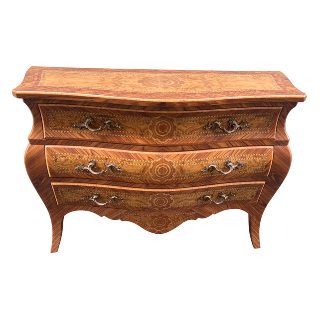 Beautiful French style inlaid marquetry bombe dresser. A stunning looking chest which will make a fantastic accent piece...