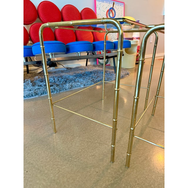 Vintage Mid Century Modern Faux Bamboo Brass Glass Nesting Tables Set 1970s Hollywood Regency For Sale - Image 14 of 17