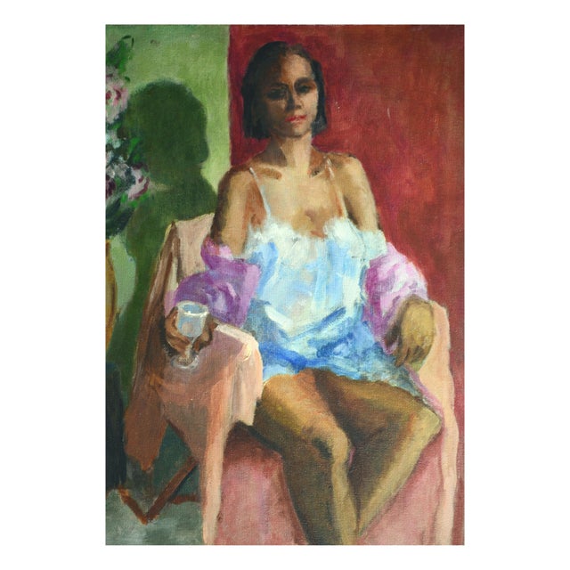 Beautiful figurative oil on canvas of a woman seated in her boudoir by Monterey California-area artist Patricia Gillfillan...