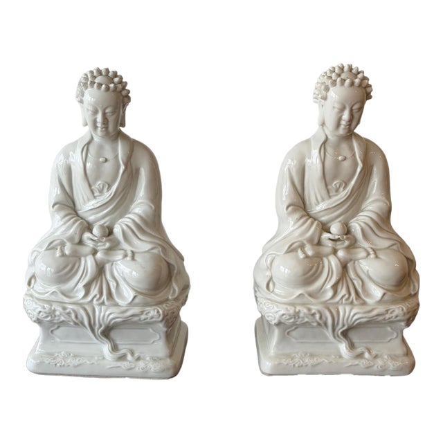 Pair of Vintage White Glazed Porcelain Buddha Figures For Sale